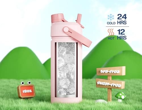 Kids Water Bottle for School: 2-in-1 Straw Spout Lid with Soft Animal Head, Leakproof, Backpack Friendly, Keep Cold 24H, Insulated cup for Sports, Playground, Holiday Gift, 18oz, (Cotton Candy) view 3
