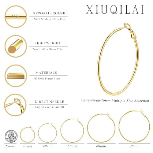 XIUQILAI 14K Gold Plated 925 Sterling Silver Posts large Hoop Earrings for Women, Hypoallergenic Big Hoop Earrings Lightweight Jewelry for Women 30/40/50/60/70MM view 3