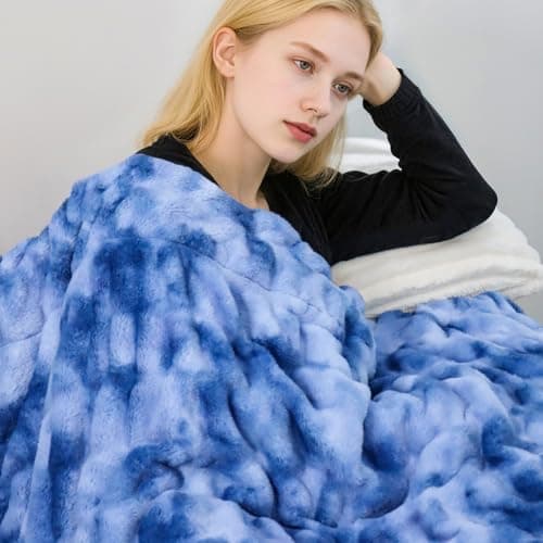 IFNOW Double Sided Ruched Faux Rabbit Fur Throw Blanket for Couch, Ultra Soft Fluffy Mink Blanket, Plush Cozy Home Decor Throw Gifts for Women & Men, 50"x60", TieDyeBlue — image 1