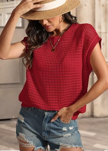 ATHMILE Womens Spring Tops Summer Shirts Beach Vacation Crochet Cap Sleeve Knit Sweater Pullover Cute Fashion Clothes view 3