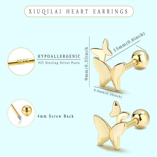 XIUQILAI 14K Gold Plated Stud Earrings for Women, with 925 Sterling Silver Posts, Heart/Butterfly/Snake Small Earring Lightweight Clip On Stud, Cartilage Helix Piercing view 3