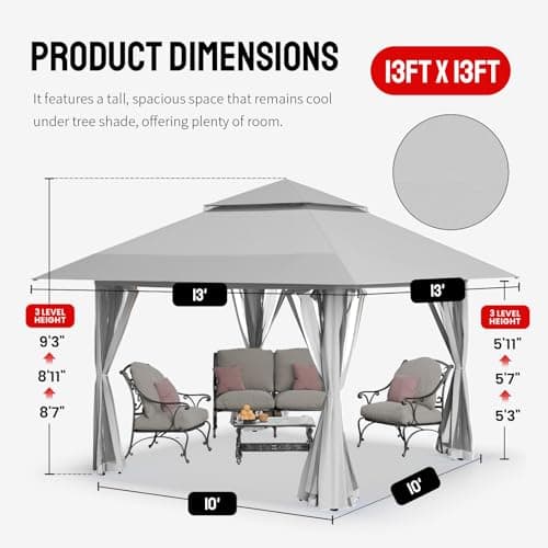 CROWN SHADES 13x13 Pop Up Gazebo, Canopy Tent, Gazebos on Clearance - Outdoor Gazebo for Backyard & Patio Furniture - Carpa Pop Up Tent with Wheeled STO-N-Go Cover Bag (Grey) view 2