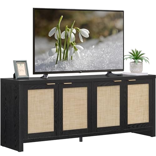 SICOTAS TV Stand for Living Room Boho Entertainment Center for Bedroom with 4 Rattan Cabinets Farmhouse Television Stands with Storage Large Media Console Table for TVs up to 65 Inch view 1