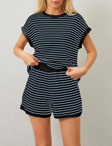 Burtell Women Summer 2 Piece Lounge Sets Striped Short Sleeve Tee Shirts Mini Shorts Loungewear Shorts Set Ribbed Pajama Set view 2