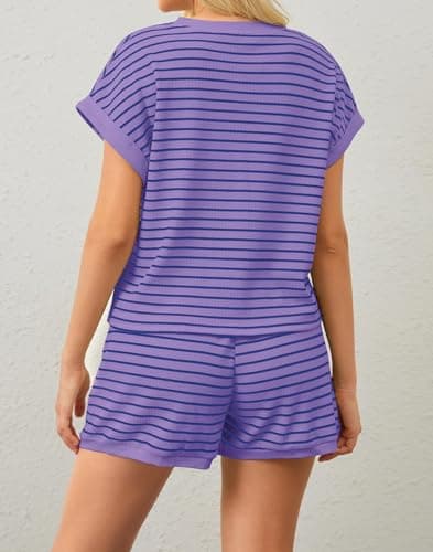 Burtell Women Summer 2 Piece Lounge Sets Striped Short Sleeve Tee Shirts Mini Shorts Loungewear Shorts Set Ribbed Pajama Set view 3