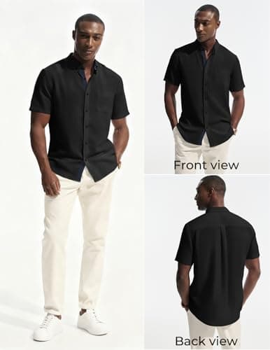 PJ PAUL JONES Mens Button Down Shirt Linen Short Sleeve Dress Shirts for Men Beach Summer Wedding Untucked Shirt view 4