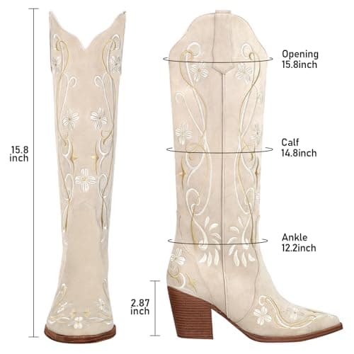 LeunDen Beige Cowboy Boots for Women, Knee High Cowgirl Boots with Pointed Toe, Chunky Heel, Floral Embroidery Western Boots Suede Tall Boots Size 7 view 4