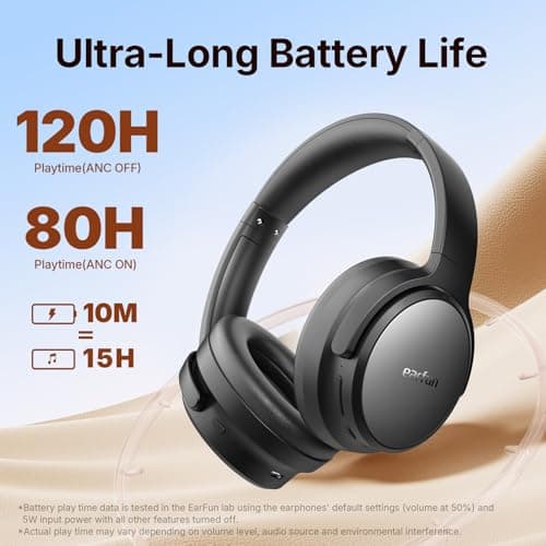 EarFun Tune Pro Active Noise Canceling Headphones, Wireless Bluetooth Headphones with 5 Mics, 120H Playtime, Bluetooth 5.4, Hi-Res Audio, Multipoint Connection, Custom EQ via App, Comfortable Fit view 6