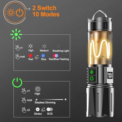 Super Bright Flashlight High Lumens 100000 Rechargeable, Powerful 50W LED, Long Lasting 30H, Daul Bottons 10Modes with Side Light, Quick USB C Charge & Output, Multi-functional for Home Camping Hiking view 3