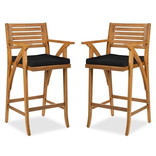 Best Choice Products Set of 2 Outdoor Acacia Wood Bar Stools Bar Chairs for Patio, Pool, Garden w/Weather-Resistant Cushions - Black view 1