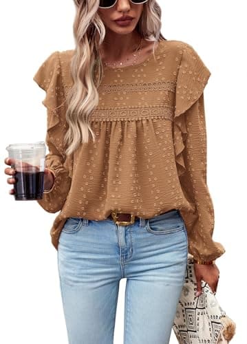 PRETTYGARDEN Women's Long Sleeve Shirts Ruffle Swiss Dot Crochet Loose Fit Tunic Dressy Casual Tops Blouses Spring Fashion view 1