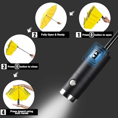 Lejorain Automatic Folding Umbrella Inverted - Upside Down Yellow Windproof Umbrella LED Flashlight Handle With Reflective Strip view 5
