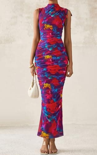 PRETTYGARDEN Women's Summer Maxi Floral Dresses Ruched Bodycon Sleeveless Mesh Formal Wedding Guest Cocktail Split Long Dress view 5