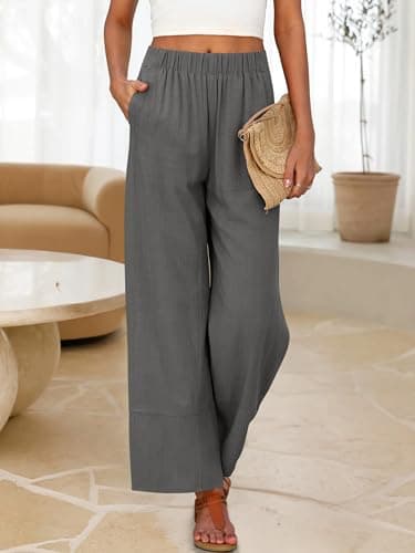 ANRABESS Women's Wide Leg Linen Pants Summer Boho Casual Elastic Waist Long Lounge Travel Pants Trousers with Pockets view 3