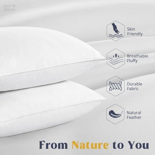 puredown® Goose Feathers and Down White Pillows with 100% Cotton Cover, Bed Sleeping Hotel Collection Pillows Set of 2, Standard Size view 4