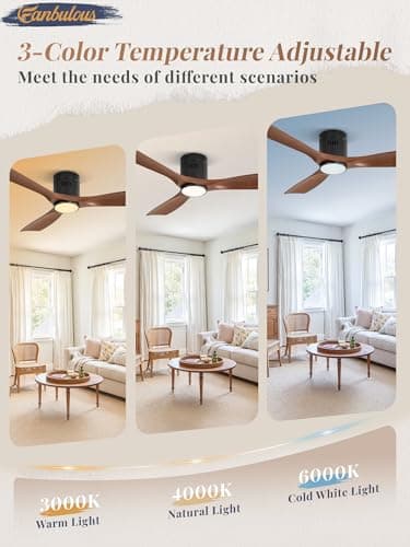 Fanbulous 52" Ceiling Fans with Lights and Remote Control,Modern Flush Mount Ceiling Fan with 3 CCT,Low Profile Ceiling Fans with 6-Speeds Reversible DC Motor for Patio Living Room Bedroom(Walnut) view 3