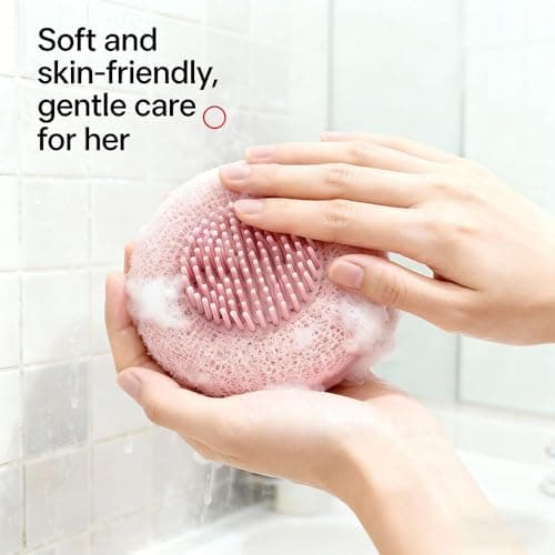 2-in-1 Sunflower Suction Cup Bath Ball, Exfoliating Mesh Shower Body Sponge with Cleaning Brush, Pink and Green, 2 Pack view 3