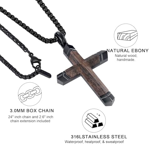 GTMJ Cross Necklace for Men -Stainless Steel & Wood Adjustable Box Chain 24-26in, Spiritual Jewelry Gift for Him, Everyday Wear view 5