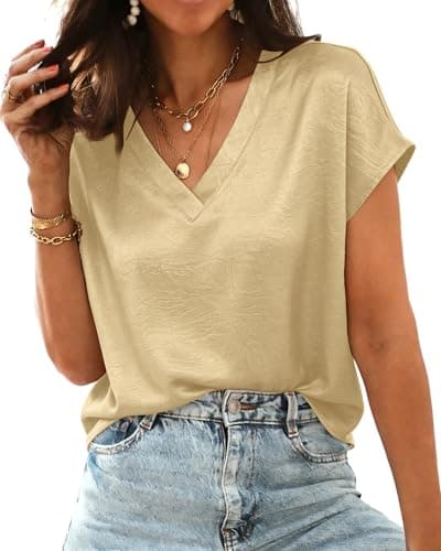 RUMIA Short Sleeve Satin Blouses Tops for Women- Ladies V Neck Blouse Shirt Dressy Casual Bussiness Work Outfit view 4