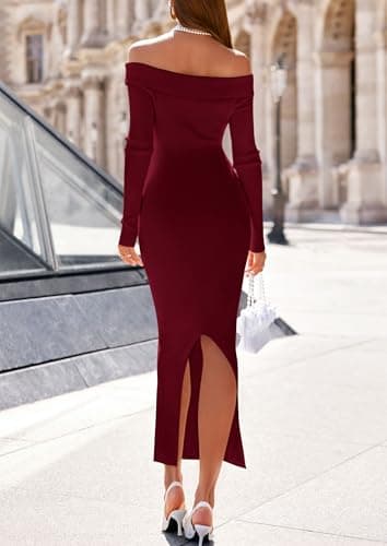 PRETTYGARDEN Womens Fall Sweater Dress 2026 Long Sleeve Off Shoulder Slit Maxi Bodycon Cocktail Party Dresses Spring Fashion view 4