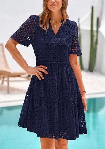 PRETTYGARDEN Eyelet Dresses for Women 2026 Summer Short Sleeve V Neck Hollow Out Ruffle A Line Boho Beach Vacation Mini Dress view 3