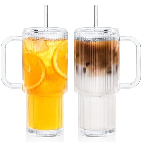 GOSCHE 26oz Glass Tumbler with Straws and Lids, Ribbed Iced Coffee Cups, Thickened Glass Cups Set Ideal for Coffee, Smoothies, Cocktails, and Juices, Clear, 2 Pack
