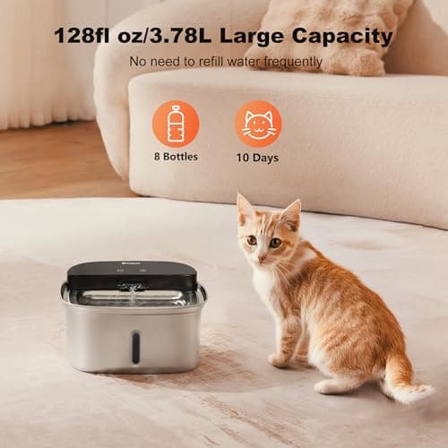 HOLAPAW Wireless Cat Water Fountain Stainless Steel, 128oz/3.78L Cordless Automatic Water Dispenser for Cats and Dogs, Battery Operated Drinking Fountain for Pets with Motion Sensor, Ultra Quiet Pump view 6