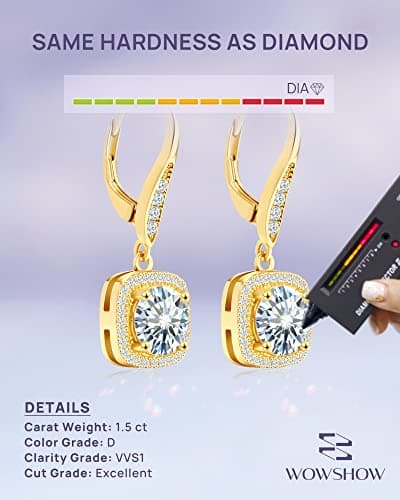 wowshow Moissanite Earrings for Women Mothers Day Gifts, 1ct 2ct TW VVS1 D Color Brilliant Round Cut Dangle Earrings, 18K Gold Plated Leverback Drop Earrings Sparkly Diamond Alternative Gift for Her view 4
