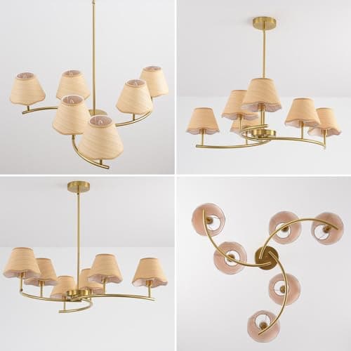 Pandaluna 31.5in Large Round Chandelier, Wagon Wheel Chandelier Boho Rustic Farmhouse Pendant Light Fixture, for Dining Room Living Room Kitchen Island Bedroom, Light Beige & Gold 1 Pack view 3