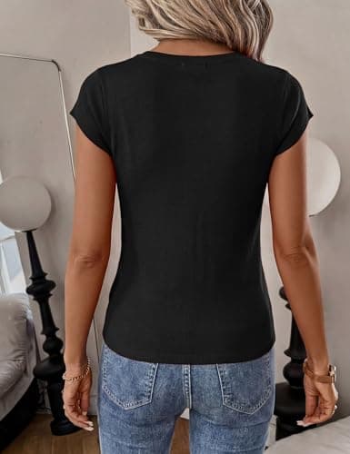 LaGracia Short Sleeve Sweater for Women V Neck Wool Blend Cashmere Cropped Sweaters Business Casual Work Tops Summer Outfits view 3