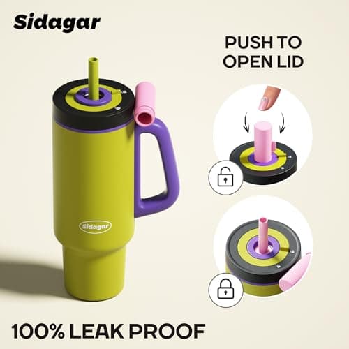 Sidagar Tumbler with Handle,36 oz Ceramic Lined Travel Mug Water Bottle with Straw,Vacuum Insulated Stainless Steel Cup with Lid,Fits Cup Holder, Leak Resistant Press-in Lid,Green view 4