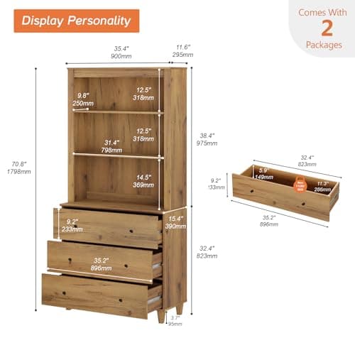 WAMPAT 71" Tall Bookcase with 3 Drawers & Open Shelves, Modern 3-Tier Bookshelf with Adjustable Shelf, Floor Standing Wooden Display Book Shelf for Home Office, Living Room, Bedroom, Oak Brown view 2