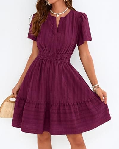 BTFBM Womens Spring 2026 Casual Mini Dresses Lightweight Short Sleeve V Neck Elastic Waist Cute Boho Beach Dress Pockets view 2