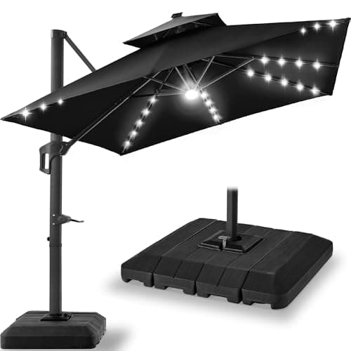 Best Choice Products 9x12ft LED Cantilever Patio Umbrella w/Base Included & 360° Rotation, Large Solar Offset Hanging Outdoor Sun Shade for Deck, Backyard Table w/Stand & Lights – Black view 1