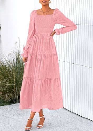 PRETTYGARDEN Wedding Guest Dresses for Women Floral Long Sleeve Smocked Tiered Elegant Long Flowy Boho Dress view 3