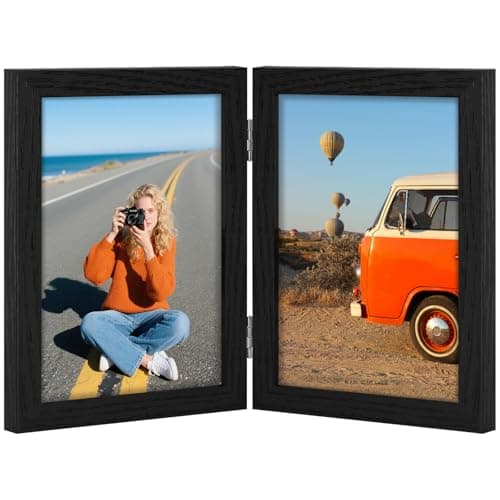Vittanly 5x7 Double Picture Frame, Hinged 2 Opening MDF Photo Frames with Plexiglass, Vertical Tabletop Stand, Black — image 1