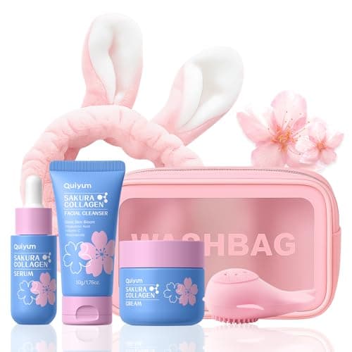 QUIYUM Sakura Collagen Skin Care Set - 5pcs Skincare with Facial Cleanser, Serum, Cream, Pink Facial Brush, Bunny Hair Band & Makeup Bag, Deep Cleansing, Hydrating, Firming, Even Tone, Radiance — image 1