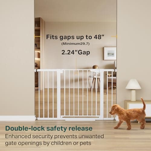 Cumbor 29.7-48" Baby Gate for Stairs, Mom's Choice Awards Winner-Dog Gates for Doorways, Auto Close Safety Pet Gate for Dogs Indoor, Easy Install Pressure Mounted Child Gate with Walk Thru Door, White view 2