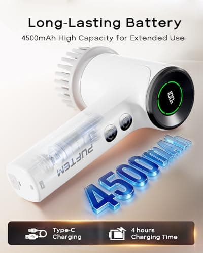 PUFTEM Upgraded Electric Spin Scrubber, Powerful Cordless Shower Scrubber with 4500mAh Large Battery & Speed Display, 6 Replaceable Brush Heads, Cleaning Brush for Bathroom Tile Tub Floor (White) view 6
