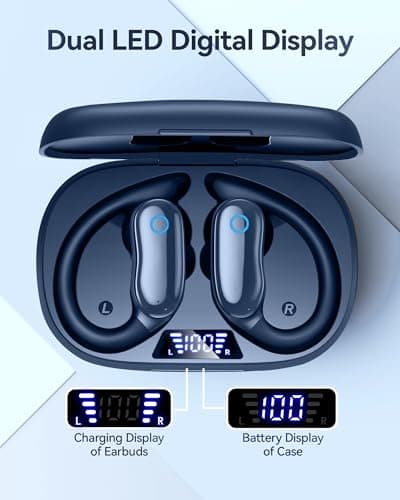 GNMN Active Noise Cancelling Ear Buds Wireless Earbuds 96hrs Playback Bluetooth Headphones Dual Battery Display Stereo Bass Earphones with Earhooks Microphone IPX7 Waterproof Headset for Sports/Gym view 4