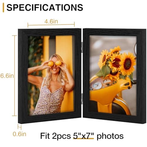 Vittanly 5x7 Double Picture Frame, Hinged 2 Opening MDF Photo Frames with Plexiglass, Vertical Tabletop Stand, Black view 3