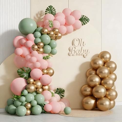 Spring Balloon Garland Arch Kit 160Pcs Sage Green Pink and Gold Latex Balloons for Baby in Bloom Baby Shower Bridal Shower Wedding Jungle Safari Woodland Birthday Party Decorations view 3