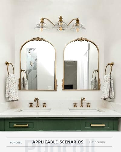 puncoll Vintage Bathroom Vanity Light Fixture - 3-Lights Bathroom Lighting Gold Finish with Flower Glass Shade - Vanity Lights Over Mirror, W2505-3-BG view 2