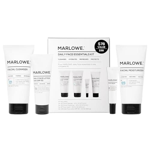 MARLOWE. Mens Skin Care Set, No. 204 Daily Essential Face Kit, No. 121 Facial Cleanser, No. 123 Facial Moisturizer, No. 127 Eye Cream, No. 128 Daily Face Lotion with SPF 50, Great Gift for Men