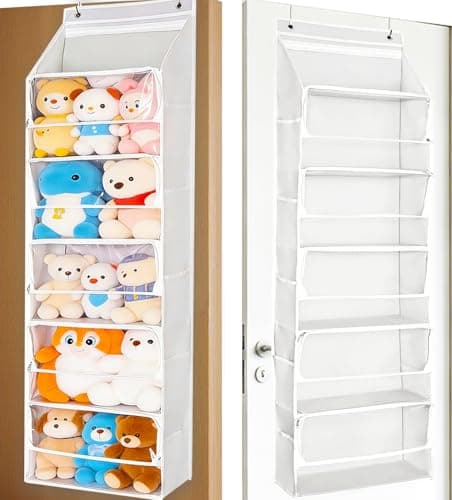 Over Door Stuffed Animal Storage, Zipper Closure Hanging Toy Organizer, Nylon Behind Door Organization, Clear Window Bathroom/Bedroom/Closet Holder Bag for Nursery Dorm Room Plush, 1Pack, 5 Tier，Beige — image 1