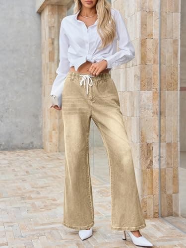 Cicy Bell Womens Wide Leg Flare Jeans Casual Drawstring High Waist Vintage Denim Pants with Pockets view 3