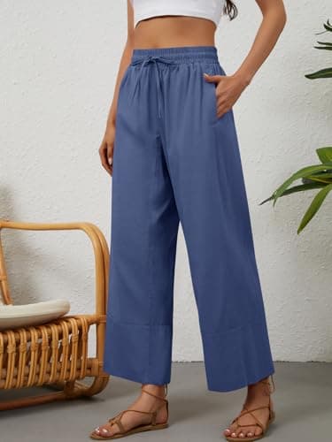 grewley Womens Linen Pants Cotton Boho Loose Palazzo Pants Wide Leg Long Lounge Trousers Drawstring with Pockets Beach view 3