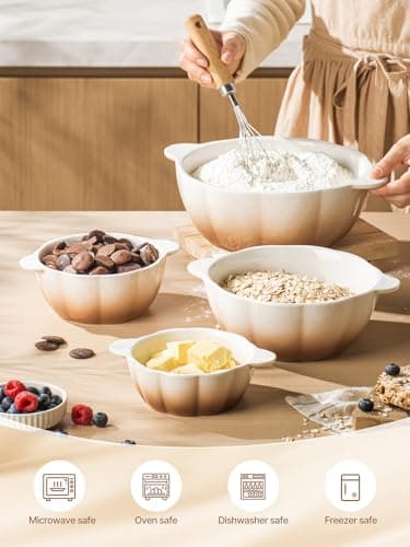 MISSYSSIM Ceramic Soup Bowls with Handle, Large Serving Bowls Set of 4, 14/24/45/78 oz Food Storage Bowls Containers for Cooking, Baking, Salad, Ramen Bowls Oven Safe, Brown view 2