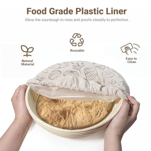 Verigud 2 Pack Large Reusable Linen Bread Bags and 10'' Bowl Covers with Plastic Liners for Bread Storage & Sourdough Proofing view 3