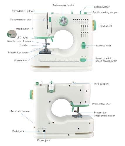 Sewing Machine for Beginners, Portable Mini Small Sewing Machine with 50 Pcs Fabric and 32 Pcs Sewing Threads Kit, 16 Built-in Stitches 2 Speed with Foot Pedal (White and Mint) view 2